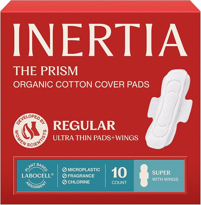 INERTIA The Prism Red – Truly Organic, Ultra Thin & Leak-Proof Korean Cotton Pads with Wings | Regular Absorbency | Hypoallergenic, Super Absorbent, Chlorine-Free & Fragrance-Free (10 Count)