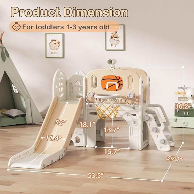 BIERUM 9 in 1 Toddler Slide Set, Baby Slide for Toddlers 1-3 with Ring Toss and Basketball Hoop, Indoor Outdoor Toddler Playset Playground Beige Coffee