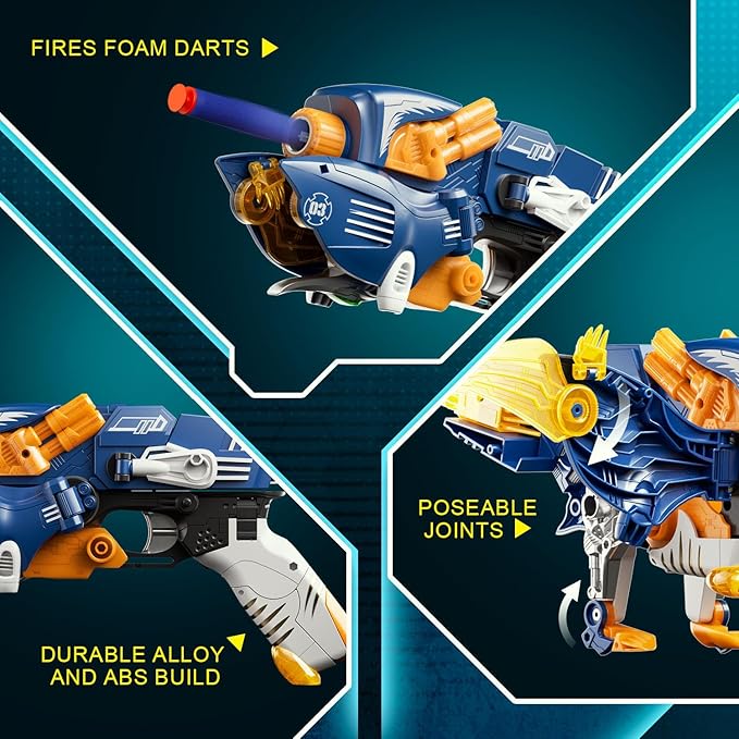 Blaster Toy Gun Transforming Alloy Dinosaur - 2 in 1 Morphing Toy (Gun to Dino), Soft Bullet Toy Blaster Gun with 20 Foam for Indoor Outdoor Shooting Game, Toy Blaster for Kids Boys Girls (P-Dino)