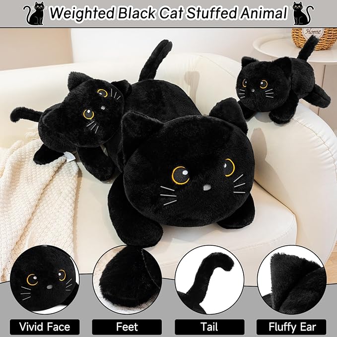 SQEQE Weighted Stuffed Animals Black Cat, Weighted Black Cat Plush, Plushies for Stress Relief, Soft Black Cat Pillow Toy for Kids Adults, Christmas & Valentines Gift 23.6 Inch 3.8 Lbs