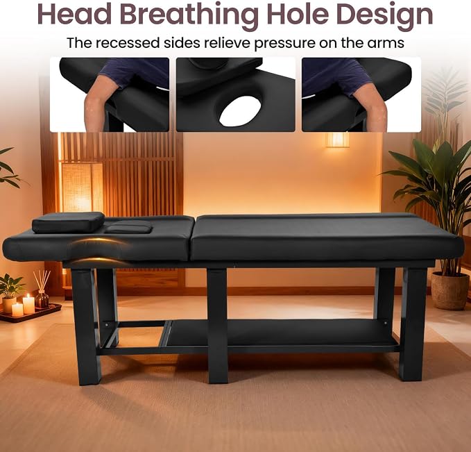 Professional Stationary Massage Table with Backrest, Adjustable Thick Foam Spa Massage Beds,Metal Frame PU Leather 27.55'' Wide 72.83'' Long Heavy Duty Bed for Massages, Hairdressing, Spas(Black)