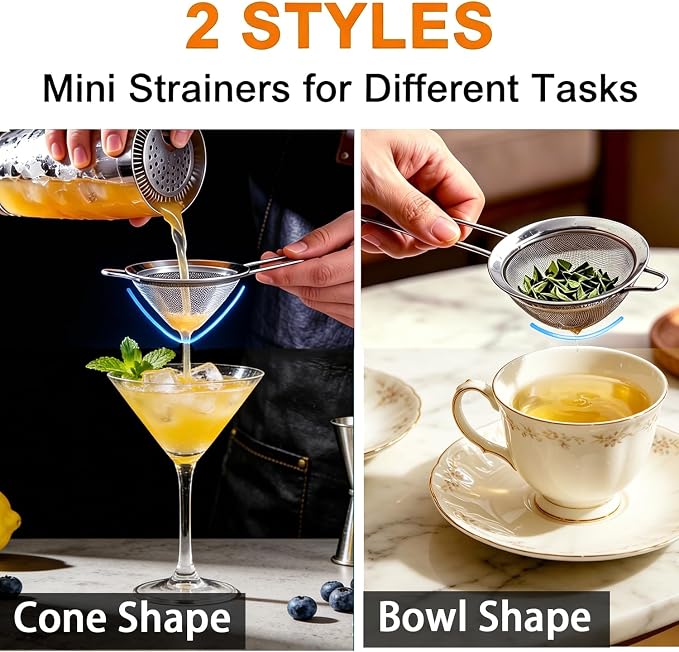 Small Fine Mesh Strainer Set, Stainless Steel Mini Sieve, Bar Strainer for Cocktail, Juice, Coffee, Tea Strainer for Loose Leaf Tea, Mini Sifter for Matcha, Flour, 2 PCS | 3.15 In Mini Strainer, for Cocktails, Loose Tea, Juice, Fits Most Cups and Mugs