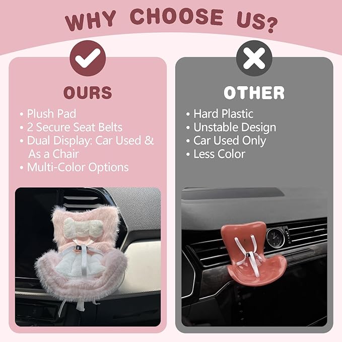 Doll Car Seat for 17cm Dolls with Air Vent Clip and Desktop Stand, Cute and Functional Car Ornament for Blind Box Doll Fans, Collectors (Rainbow Macarons)