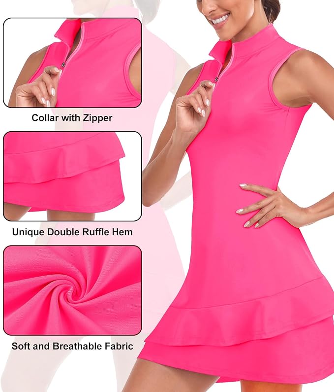 Viracy Tennis Dress for Women Sleeveless Golf Dresses with Shorts and Pockets Ruffle Zip Up Stand Collar Golf Outfits