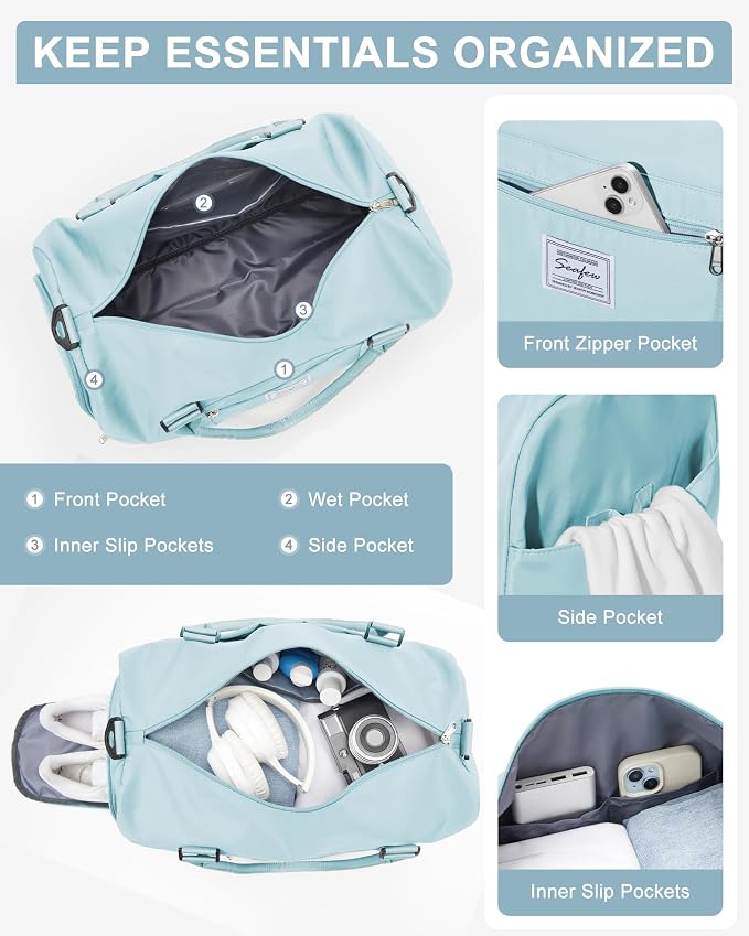 Gym Bag Womens Mens with Shoes Compartment and Wet Pocket Travel Duffel Bag for Women for Plane Sport Gym Tote Bags with Toiletry Bag Waterproof Weekend Overnight Carry on Bag Hospital Holdalls