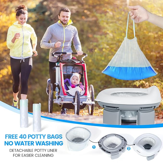 Orzbow Portable Potty Training Toilet, Travel Potty Seat for Toddler Boys Girls with Splash Guard, Potty Training Essentials, Foldable, Includes Free Travel Bag and 40 Liners, Indoor/Outdoor Use, Grey
