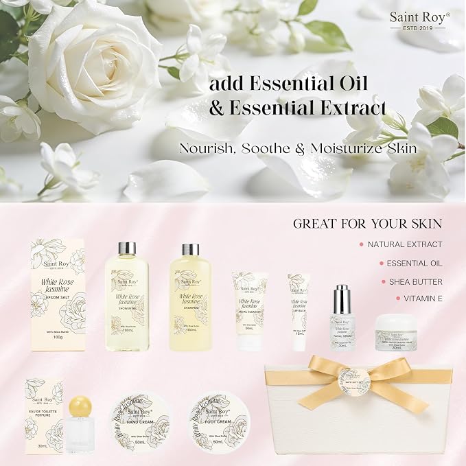 37Pcs Spa Gifts, WHITE ROSE JASMINE Bath & Body Gift Basket, Face Skin Kit | Home Spa Gift Set for Women, Self-Care Kit, Beauty Care Kit, Spa Bath Kit with Necklace, Birthday, Christmas, Anniversary