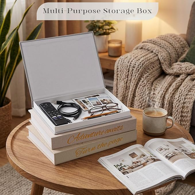Decorative Book Storage Box Set of 3, Linen Faux Books for Coffee Table, Stylish Decorative Books for Bookshelf, Photo Organization, Keepsake Storage, Home Decor, Blue Gray