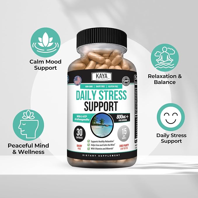 Kaya Naturals - Natural Herbal Stress Relief Support Vitamin Supplement to Relax and Calm the Mind - Boost Mood - Happy Pills - Anxiousness Support - 30 Capsules