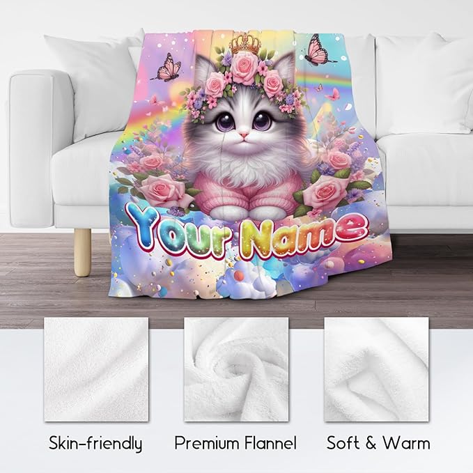 Kids Blankets - Personalized Blanket with Cat - 4 Sizes Cozy Soft Flannel Throw Gifts for Couch, Bedroom