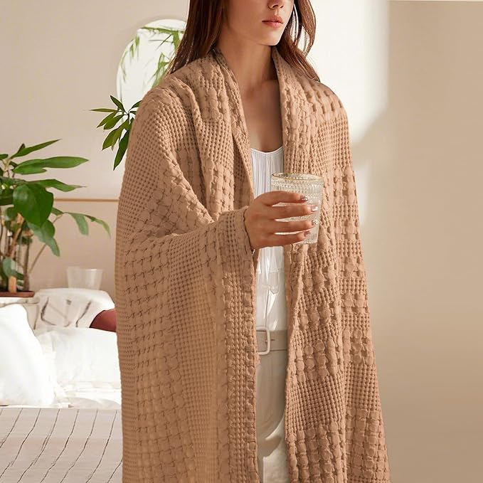 PHF 100% Cotton Waffle Weave Throw Blanket, Lightweight Breathable Summer Blanket for Couch Sofa, Pre-Washed Soft Throws for Bed, Office, Travel & Stylish Home Decor, 50"x60", Clay