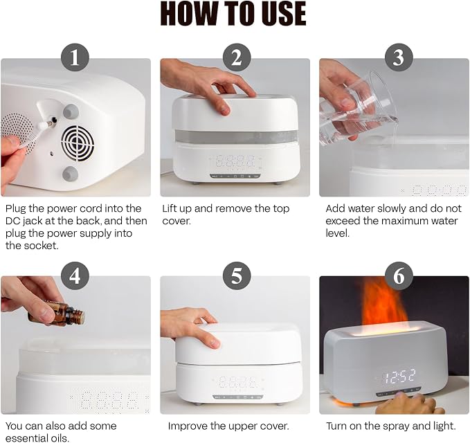 Aroma Essential Oil Diffuser & Humidifier 400mL, 5-in-1 Flame Effect Ultrasonic Diffuser with Bluetooth Speaker, LED Night Light & Clock, Quiet Diffuser for Bedroom Sleep Relaxation (White)
