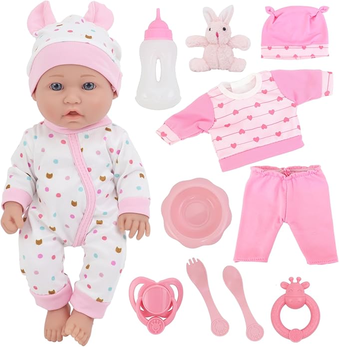 ZITA ELEMENT 12″ Baby Doll Playset with Doll Clothes and Accessories Includes Doll Clothes, Rabbit Toy, Feeding Set for New Born Baby Doll for Toddlers 3 Ages and Up