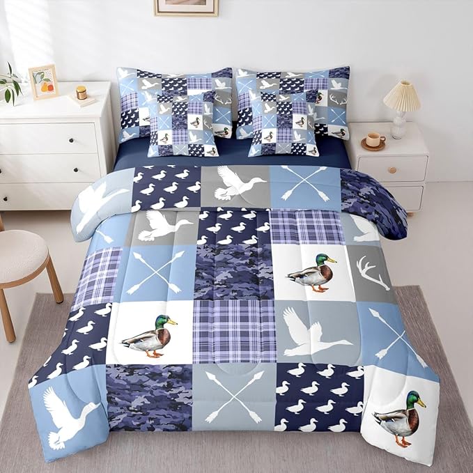 Feelyou Blue Hunting Camo Comforter Set with Sheets 7 Piece Full Size Camouflage Duck Bed in a Bag Kids Boys Girls Wild Animal Hunter Bedding Set Bedroom Decor Breathable Soft Lightweight Microfiber