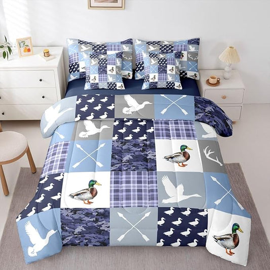 Feelyou Blue Hunting Camo Comforter Set with Sheets 7 Piece Full Size Camouflage Duck Bed in a Bag Kids Boys Girls Wild Animal Hunter Bedding Set Bedroom Decor Breathable Soft Lightweight Microfiber