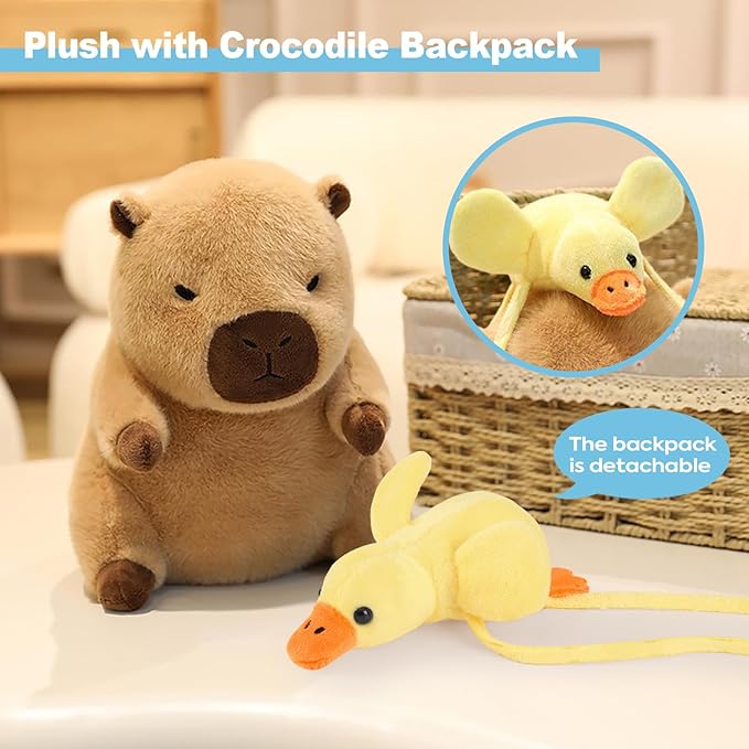 Ditucu Capybara Plush with Yellow Duck Backpack 7.8 inch Cute Capibara Stuffed Animal Soft Plushies Toys Gifts for Kids Brown
