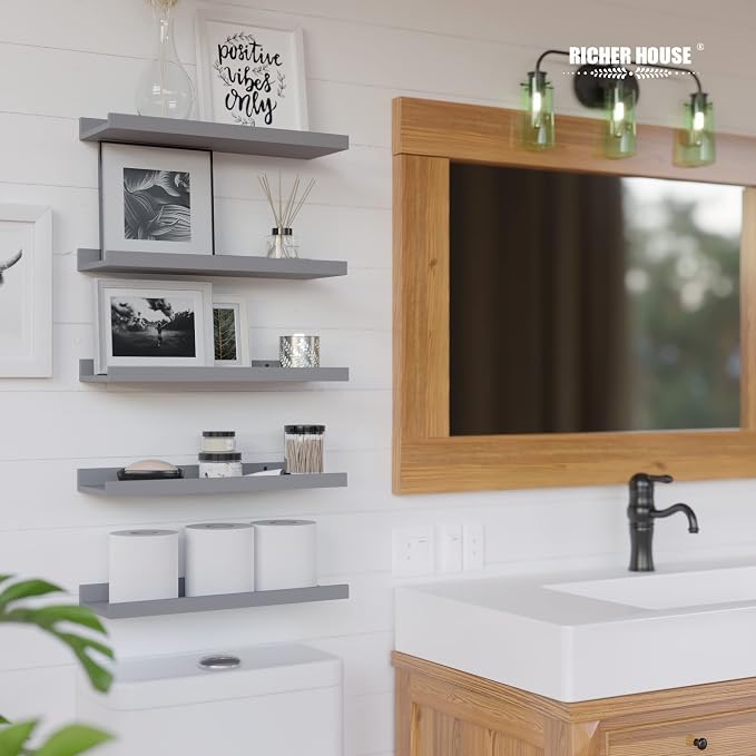 RICHER HOUSE Mounted Shelves for Wall Decor, Modern Picture Ledge Shelf with Lip for Wall Storage Nursery, Bedroom, Living Room, Bathroom - Grey | Display Picture Ledge Shelf, Anti-drop lip Shelf for Room Wall Decor, Bedroom Bathroom Storage Nursery Bo...