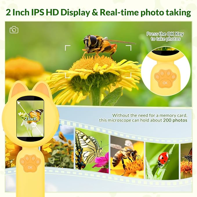 Mafiti Microscope for Kids Mini Pocket Handheld Kids Microscope Educational Science Kit Toys Xmas/Birthday Gifts for Aged 3-12 Girls Boys,Yellow