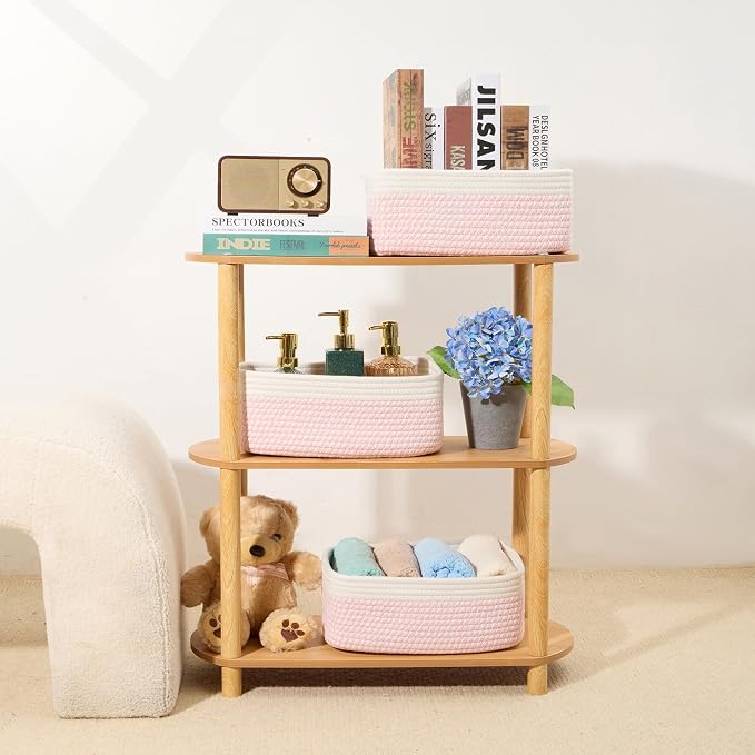 MiniArk Small Storage Baskets for Organizing | Closet Organizer Bins | Shelf Toy Basket | Woven Rope Baskets | Cube Decorative Box | Shallow Basket | 13x8.5x5.1” | 3 Packs White Pink