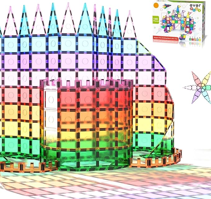 140 pc Castle Rocket Magnetic Tiles with Car Set Building Block Toys STEM Educational Learning Magnet Toy Preschool Montessori Boys & Girls Smart Kit Games Gifts for Age 3+ Kids Toddlers