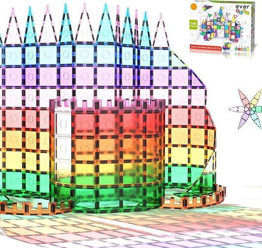 140 pc Castle Rocket Magnetic Tiles with Car Set Building Block Toys STEM Educational Learning Magnet Toy Preschool Montessori Boys & Girls Smart Kit Games Gifts for Age 3+ Kids Toddlers