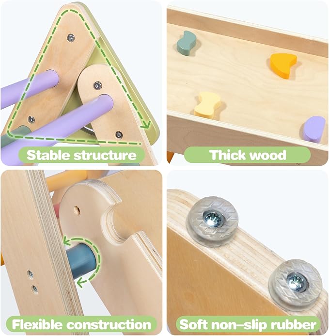 LOL-FUN Pikler Triangle Set with Slide for Toddler 1-3, Montessori Climbing Toys for 1 Year Old, Toddler Climbing Toys Indoor Pickler Climbing Set, Foldable Wooden Climber Jungle Gym for Kids