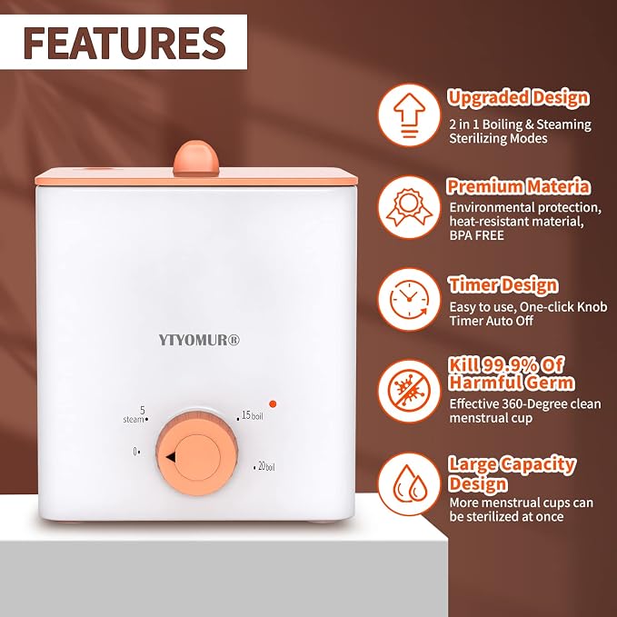 Menstrual Cup Sterilizer, Menstrual Disc Cleaner, 2 in 1 Boiling and Steaming Modes for Women Feminine Hygiene Care, One-Click Knob Timer Auto Off, with 1 Cleaning Brush & 1 Heat Resistant Clip