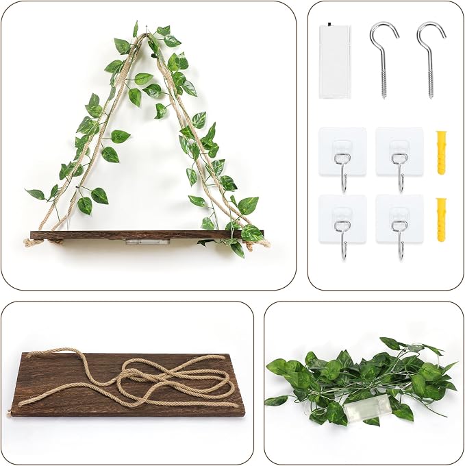 EXIN DECHEN Wall Decor for Bedroom,Floating Shelves,Room Decor Aesthetic | Set of 2,No Drill Shelves,Leaves and Light Strip with Flower,Cute,Teen Girls,Princess,Coquette for Dorm Livingroom Decor
