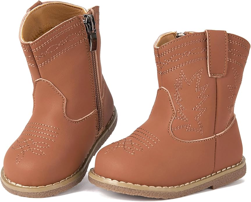 Newsonet Baby Cowboy Cowgirl Boots Infant Western Boots Toddler Boys Girls Round Toe Riding Mid Calf Boots All Seasons for 6 9 12 18 24 Months