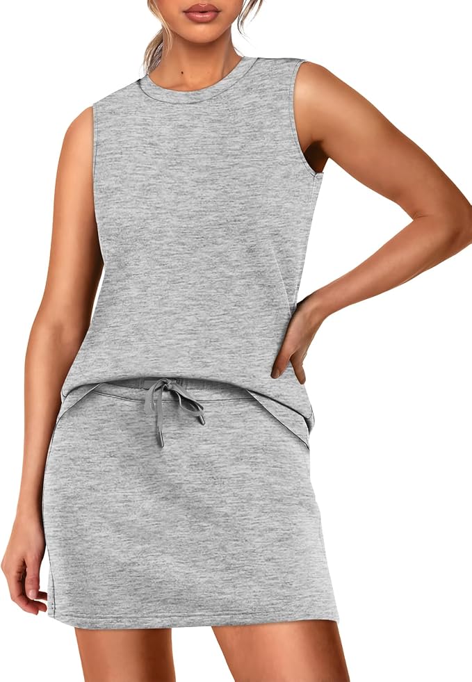 WIHOLL Two Piece Skirt Sets for Women Summer Vacation Outfits Tennis Skirt Crew Neck Top Versatile Lounge Sets