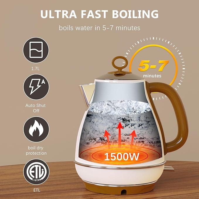 Evoloop 1.7L Electric Kettles, BPA Free Tea Kettle, Hot Water Boiler Heater, Stainless Steel Teapot, Auto Shut-Off & Boil-Dry Protection, 120V/1500W