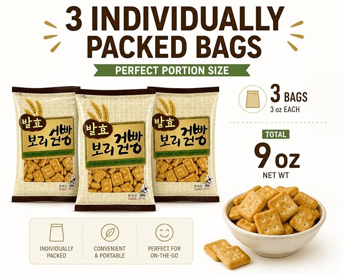 Crunchy Baked Snack Crackers, Light & Crispy Korean-Style Snack, 3 oz Bags (Pack of 3), Perfect for Soup, Salad & On-the-Go Snacking