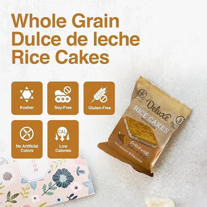 Deluxe & Bla Bla Rice Cakes 57 Pack – Whole Grain, Gluten-Free, Kosher, Low-Calorie Snack – Coated with dulce de leche – Healthy & Crunchy Treat – Individually Wrapped, (19g Each)