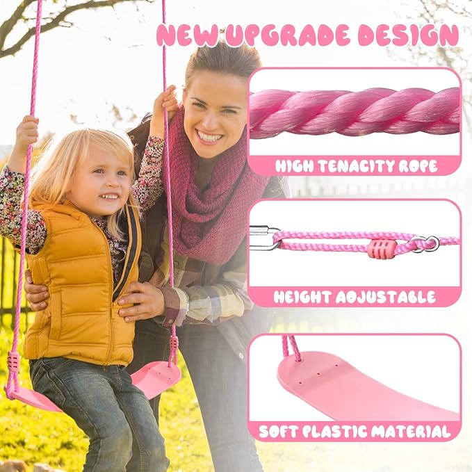 JYGOPLA 440lbs 2 Seat Kids Small Swing Sets for Backyard, 1 Saucer Tree Swing 32 inch, 1 Belt Swings, Heavy Duty Metal Swing Stand with Anchors(Pink+Blue)