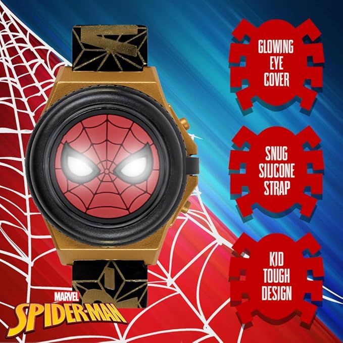 Marvel Spider-Man Kids' LCD Watch – Light-Up Flip Top Design with Glowing Eye Cover, Gold-Tone Accents, and Adjustable Silicone Strap – Durable and Fun for Ages 5+