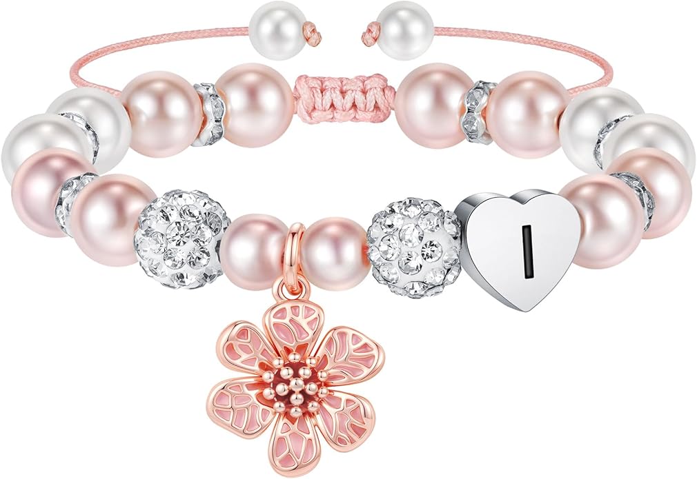 MONOOC Valentines Gifts for Kids Girls - Initial Flower Charm Bracelets for Girls, Adjustable Pearl and Rhinestone Beaded Bracelet Heart Initial Bracelets Jewelry for Flower Girl Gift Birthday Gifts