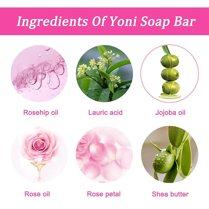 Yoni Soap Bars Feminine Wash 2 PCS, 100% Natural Organic Bar Soap for Women pH Balance, V Cleansing Soap for Daily Freshness & Odor Control, Handmade Rose Soap with Foaming Net 3.53 oz