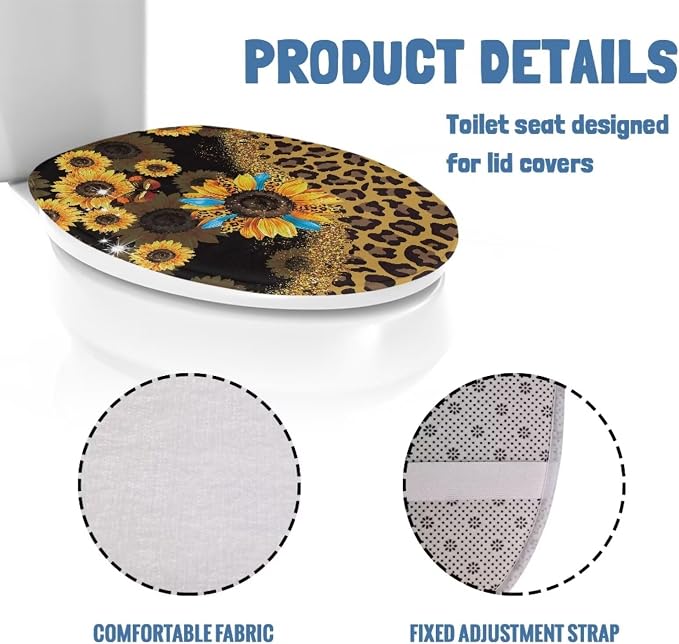 Leopard Print Toilet Seat Lid Cover Sunflower Toilet Seat Lid Covers with Elastic Band Leopard Print Round Toilet Lid Cover Universal Toilet Tank Cover Replacement