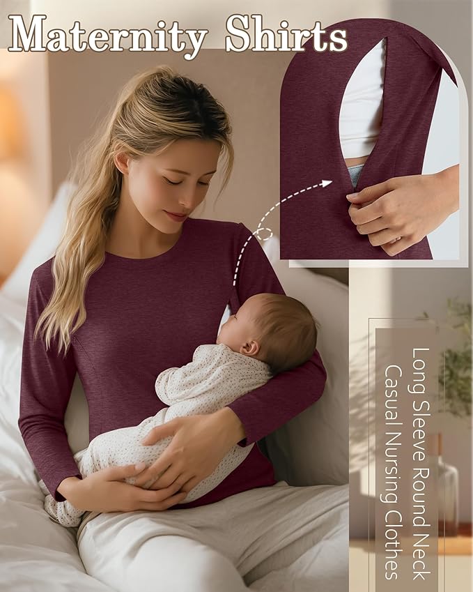 3 Pack Nursing Tops for Breastfeeding Maternity Shirts Zipper Long Sleeve Round Neck Knit Casual Nursing Clothes