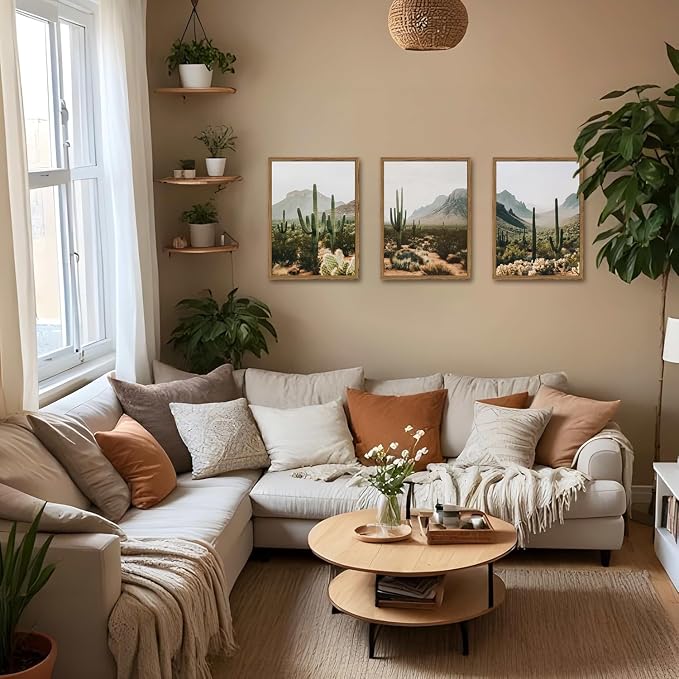 Framed Desert Landscape Wall Art Set of 3, Vintage Southwestern Cactus Wall Decor Paintings, Mexican Mountain Botanical Pictures Canvas Prints for Living Room Bedroom Bathroom Office 16x24 inch