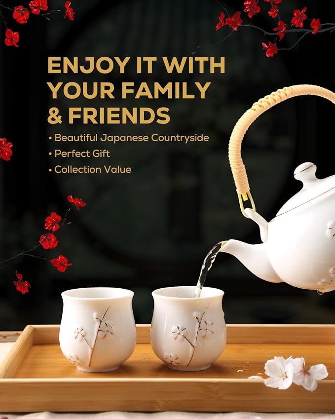 Dujust Japanese White Porcelain Tea Set - Teapot, 6 Tea Cups, Tray & Stainless Infuser - Plum in Golden