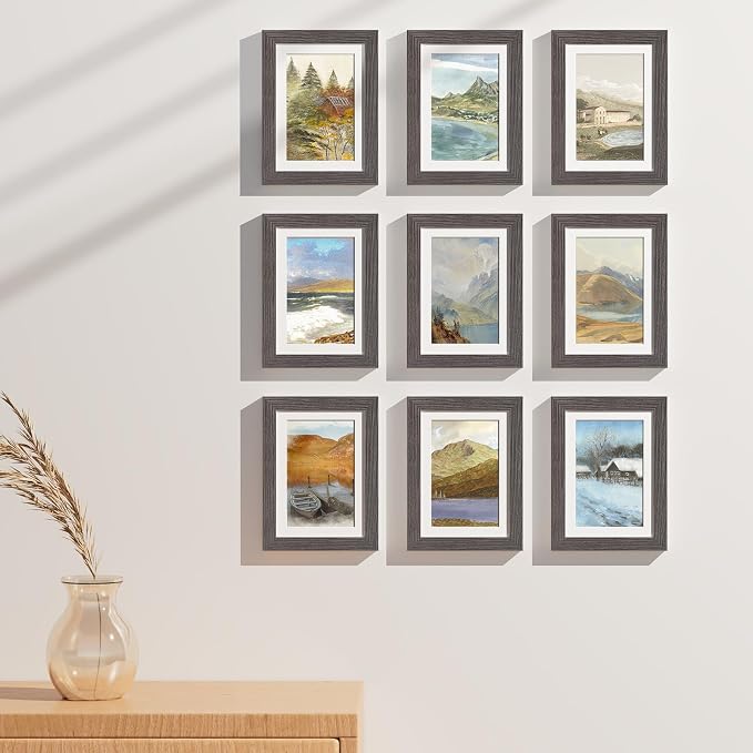 Vittanly 5x7 Picture Frames Set of 9 for Wall & Tabletop Display, Dark Grey | Display Pictures 4x6 with Mat or 5x7 without Mat, Small Photo Frames, Engineered Wood with Shatter Resistant Plexiglass