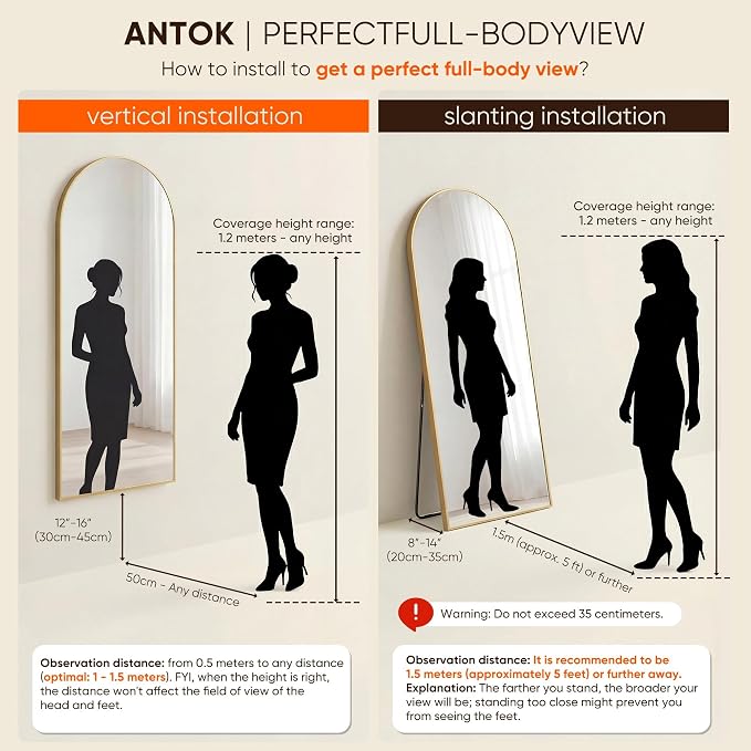Antok 58" x18 Arched Full Length Floor Mirror, Gold Aluminum Frame, Free Standing/Wall Mount/Leaning for Bedroom, Living Room, Dressing Room