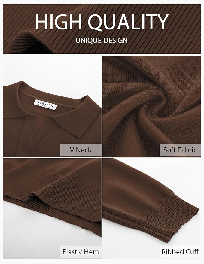Women's Long Sleeve Classic V Neck Casual Fall Winter Polo Sweater Tops | Basic Collared Knitted Fashion Work Business Formal Daily Wear Versatile Pullover Shirts