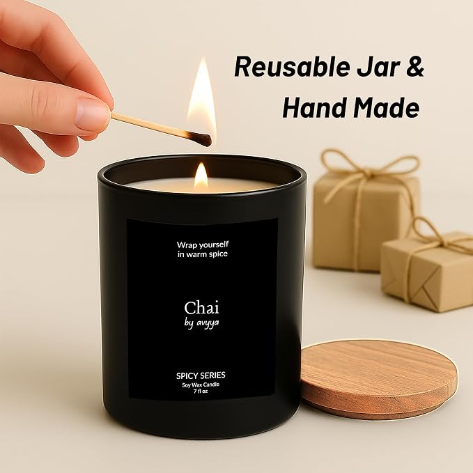 Spicy Series Soy Candle | 100% Natural Soy Wax, Essential Oil Aromatherapy | Eco-Friendly Wooden Wick and Reusable Jar | Carbon-Free | Handmade Gift Candle (Chai)