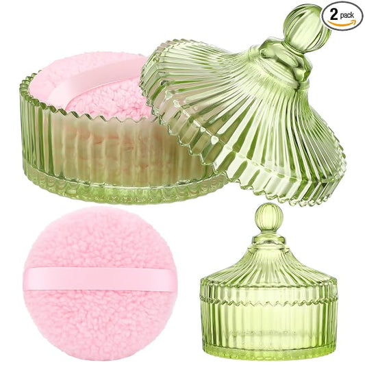 Extra Large Body Powder Puff and Container, 5.5'' Crystal Container with 5.3'' Oversize Dust Powder Puff Washable Reusable Face Body Glitter Wet Dry Makeup Gift(Green)