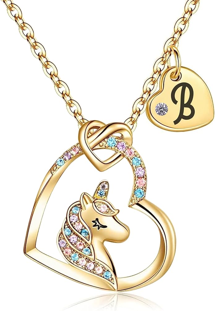 Valentines Day Gifts for Kids Girls - Unicorn Necklace for Girls with Initial Heart Pendant & Gift Box, 18K Gold Fashion Kids Jewelry, Colorful Heart Necklace for Birthdays & Costume Parties.