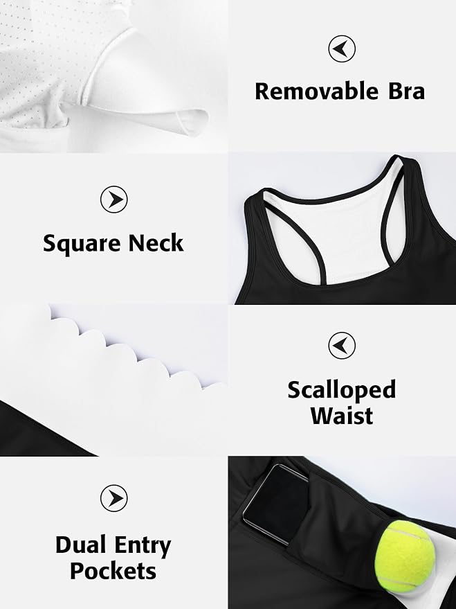 ATTRACO Tennis Outfits for Women Racerback Golf Dress Workout Dress | Athletic Skirt Set, Built-in Shorts, 2 Pockets, Scalloped, Racerback, High Waisted, Pickleball, Workout Set