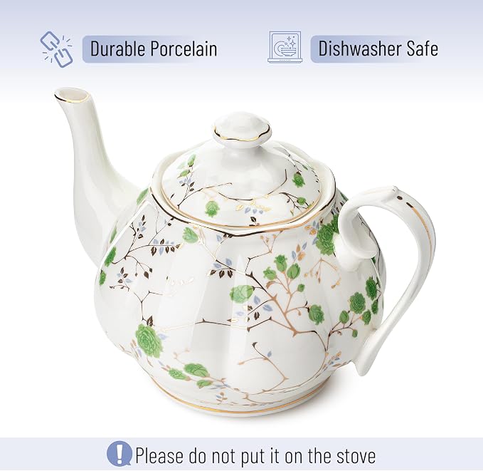 BTaT- Floral Tea Pot, Porcelain Teapot, 38 oz, Floral Teapot, Bone China Teapot for Tea Set