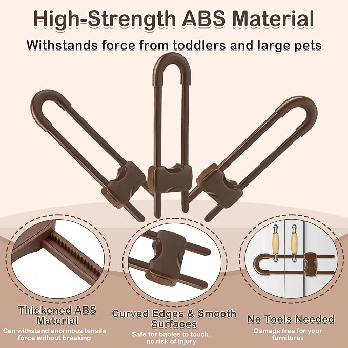 10 Pcs Sliding Cabinet Latches, U Shaped Cabinet Door Locks, Baby Cabinet Safety Latches for Baby Proofing, No Drilling Tool-Free Installation Easy to Use for Knobs or Handle Double Door (Brown)